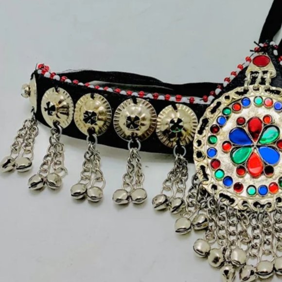 Silver Matha Patti, Traditional Matha Patti With Multicolor Glass Stone and Bell - Picture 13 of 14